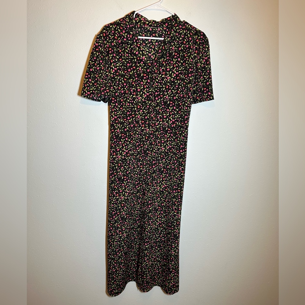 VTG Floral Shirt Dress XL (Measured) Black Button 90s Soft Grunge Alt Whimsigoth